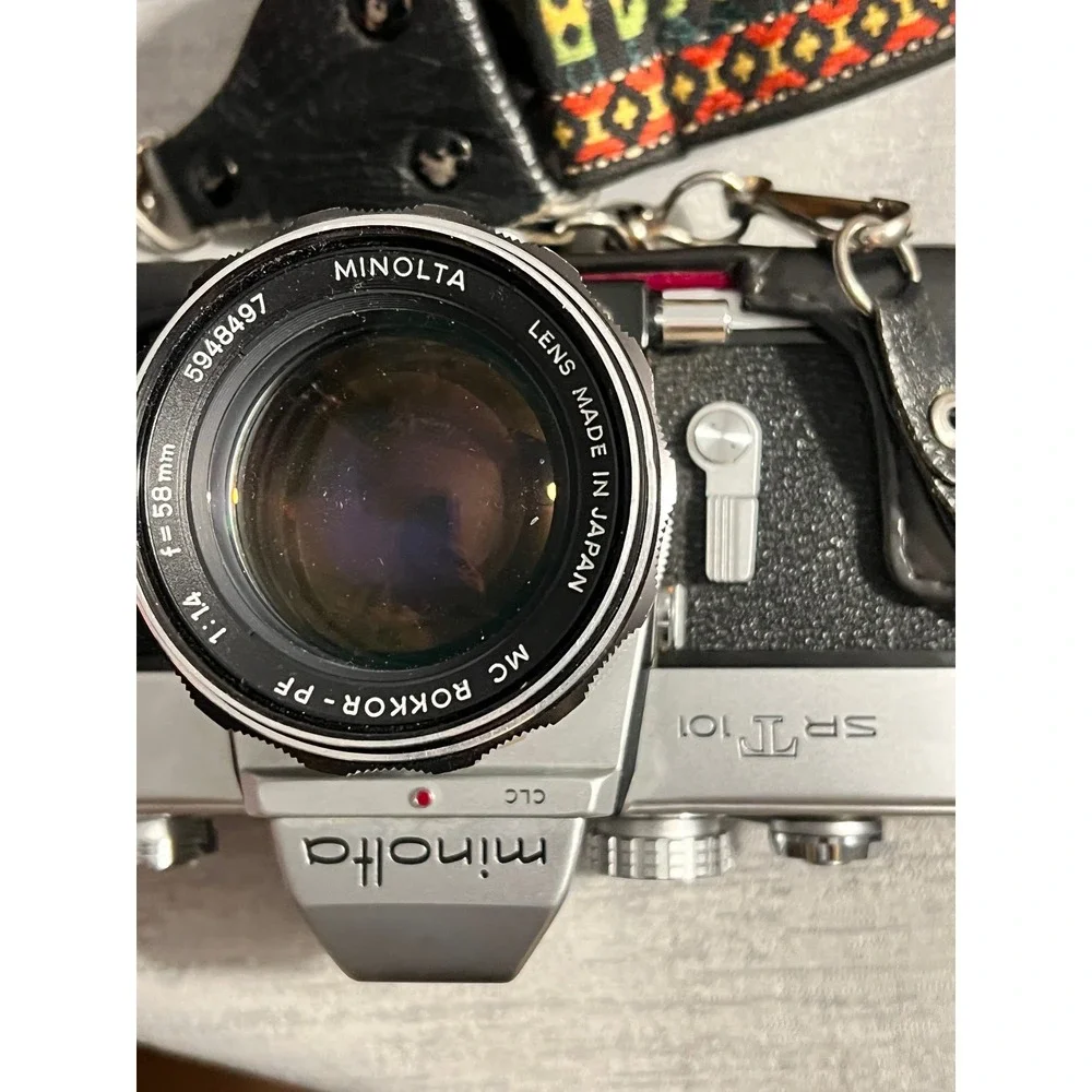 Minolta SRT 101 35mm Film Camera MC Rokkor-PF 58mm f1.4 Lens Flash Bundle